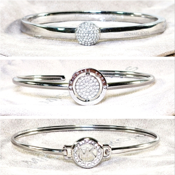 MICHAEL KORS PAVÉ SILVER TONE BANGLE BRACELETS. LOT OF 3. - Picture 1 of 11